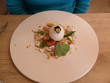 20160914_SAM_8056_ES71 dessert: Abricots du Roussillon, sable a la marjolaine et lait d'amande givré